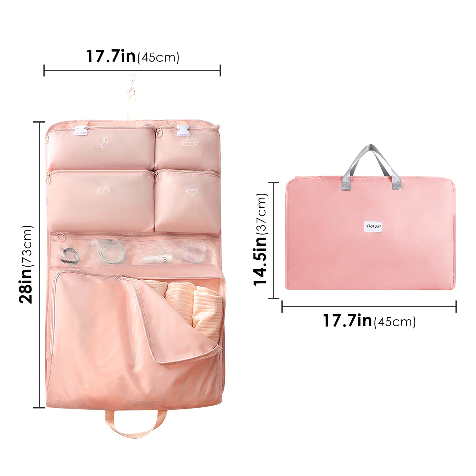 ReignSword Garment Bags for Travel, Foldable Carry on Travel Duffel Bag for Women, Hanging Weekender Overnight Bag for Clothes, Socks, Underwear, Panties (Pink) - 1