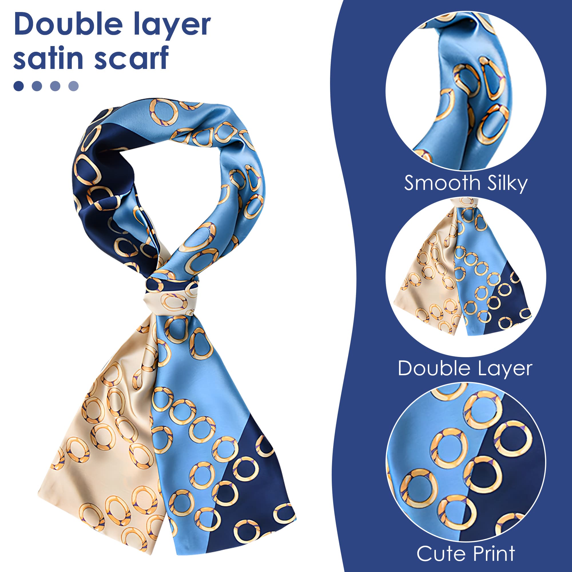 ReignSword Like Silk Neck Head Scarf for Women, Fashion Printed Neck Wrap, Hair Tie and Handbag Accessory, Lightweight Breathable 5.5 x 59 Inch Long Scarf (2 Pcs, Style Mix A) - 1
