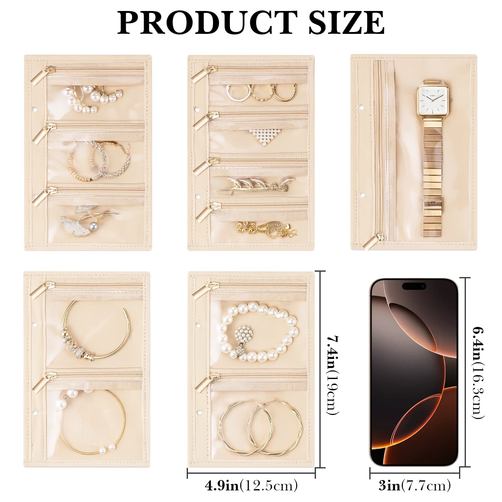 ReignSword Travel Jewelry Bags for Women, 8 Pcs Visualization Design Jewelry Travel Organizers, Suitable for storing necklaces, rings, earrings (Beige) - 1