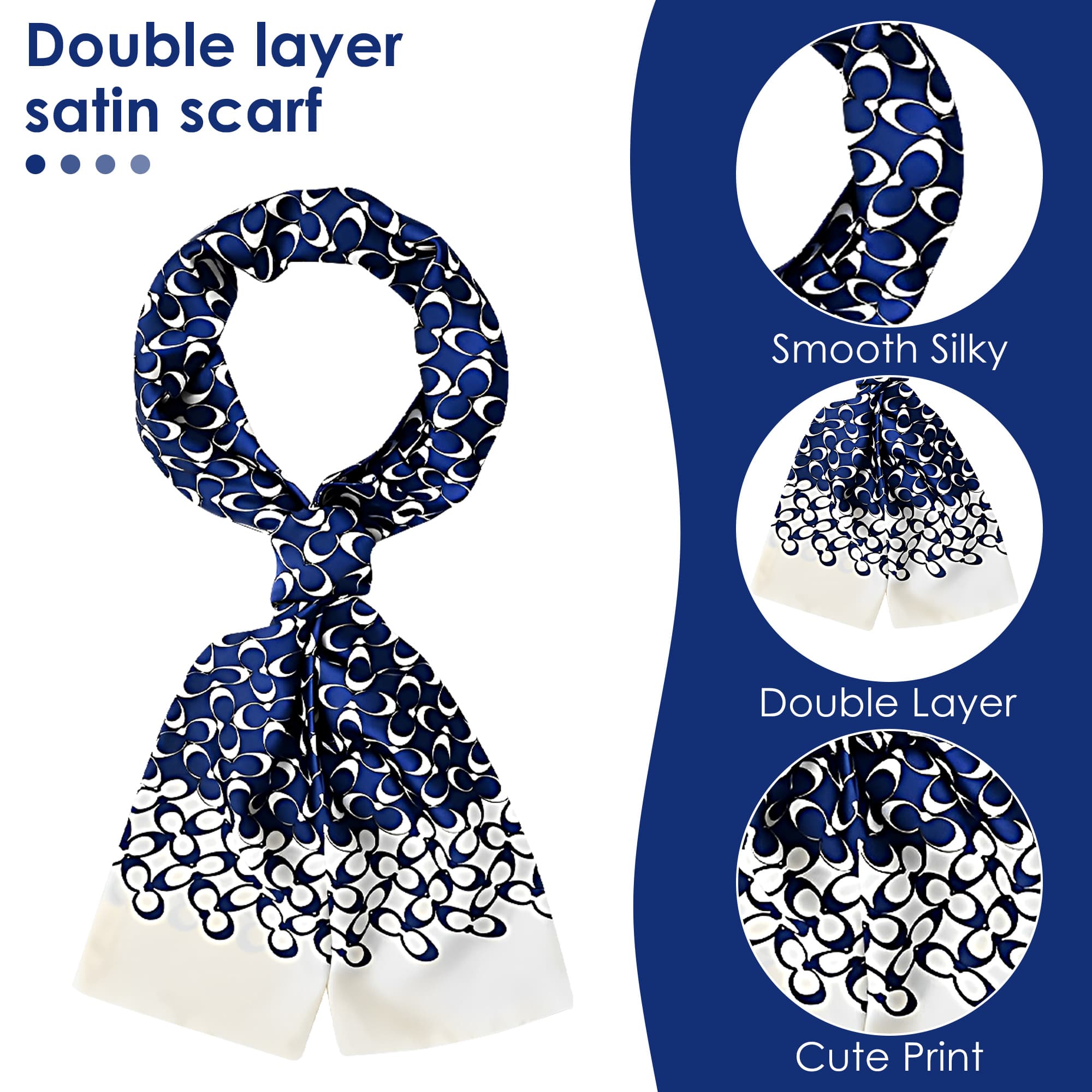 ReignSword Like Silk Neck Head Scarf for Women, Fashion Printed Neck Wrap, Hair Tie and Handbag Accessory, Lightweight Breathable 5.5 x 59 Inch Long Scarf (2 Pcs, Style Mix C) - 1