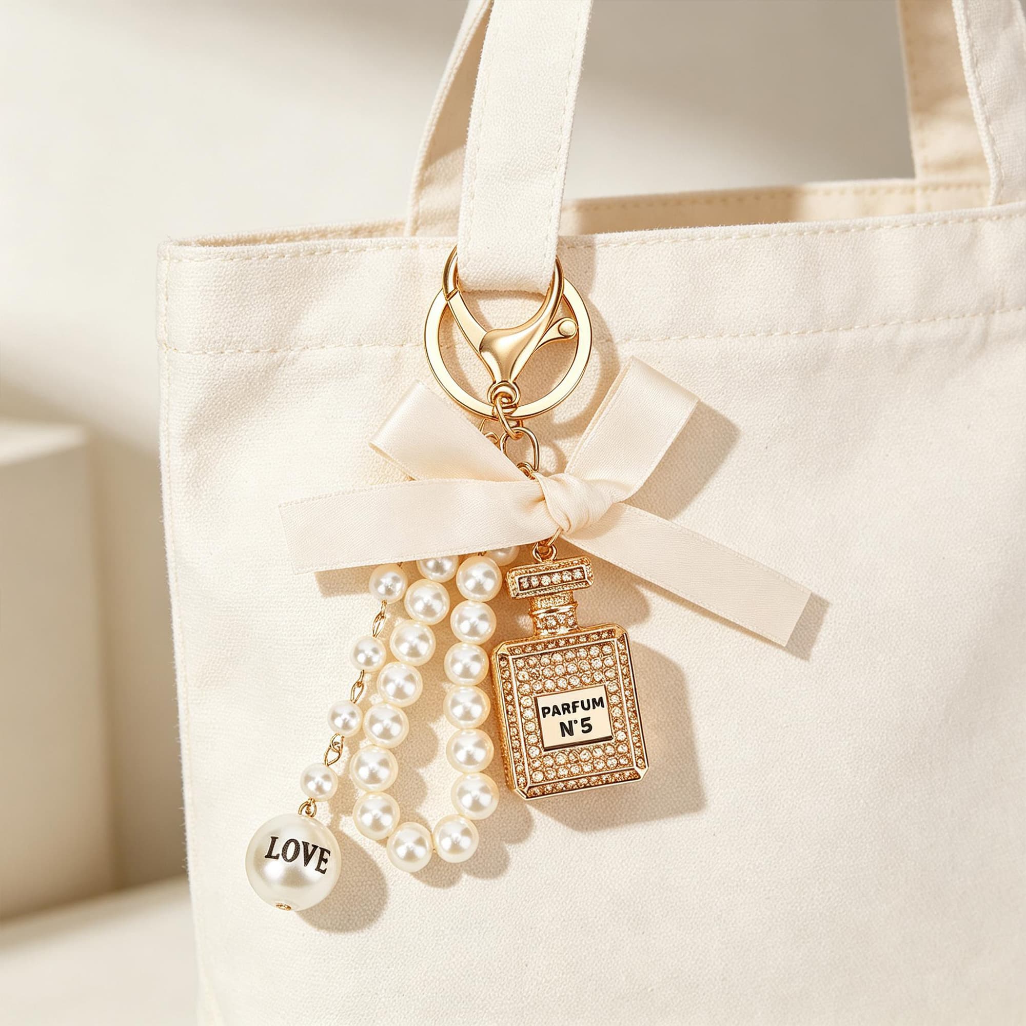 ReignSword Pearl Bow Perfume Purse Keychain for Women, Elegant Crystal Perfume Bottle Key Ring, Bling Car Key Chain & Handbag Charm (Champagne) - 1