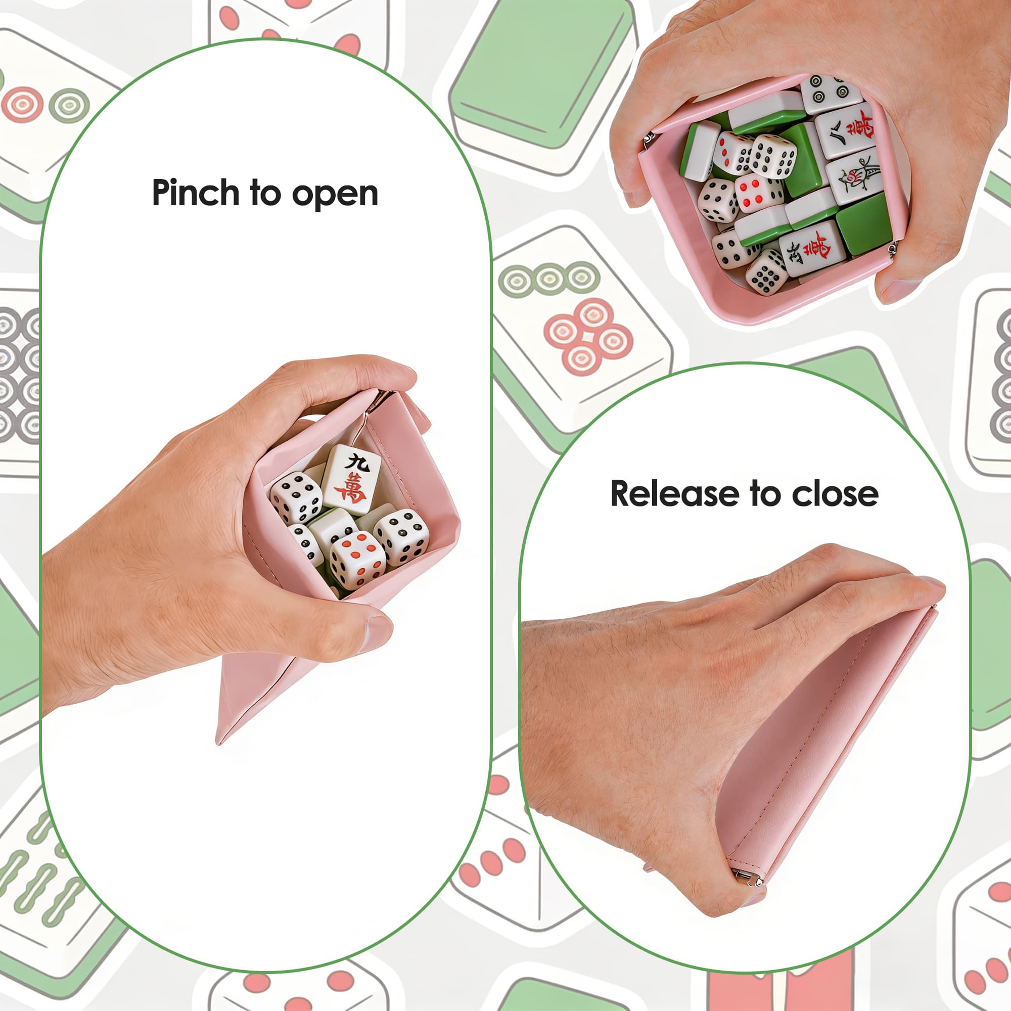 ReignSword Automatically Closing Mahjong Dice Bags, Vegan Leather Mahjong Tile Storage Pouch, Mini Coin & Dice Organizer for Family Night, Travel & Party (Pink) - 1