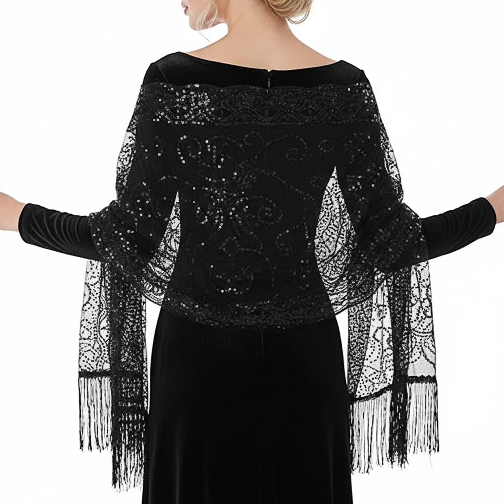 ReignSword Women Sheer Shawls with Floral Sequin Design for Evening Dresses, Elegant Wedding Bridal Lace Scarf, Formal Party Dress Cover with Tassels (Black) - 1