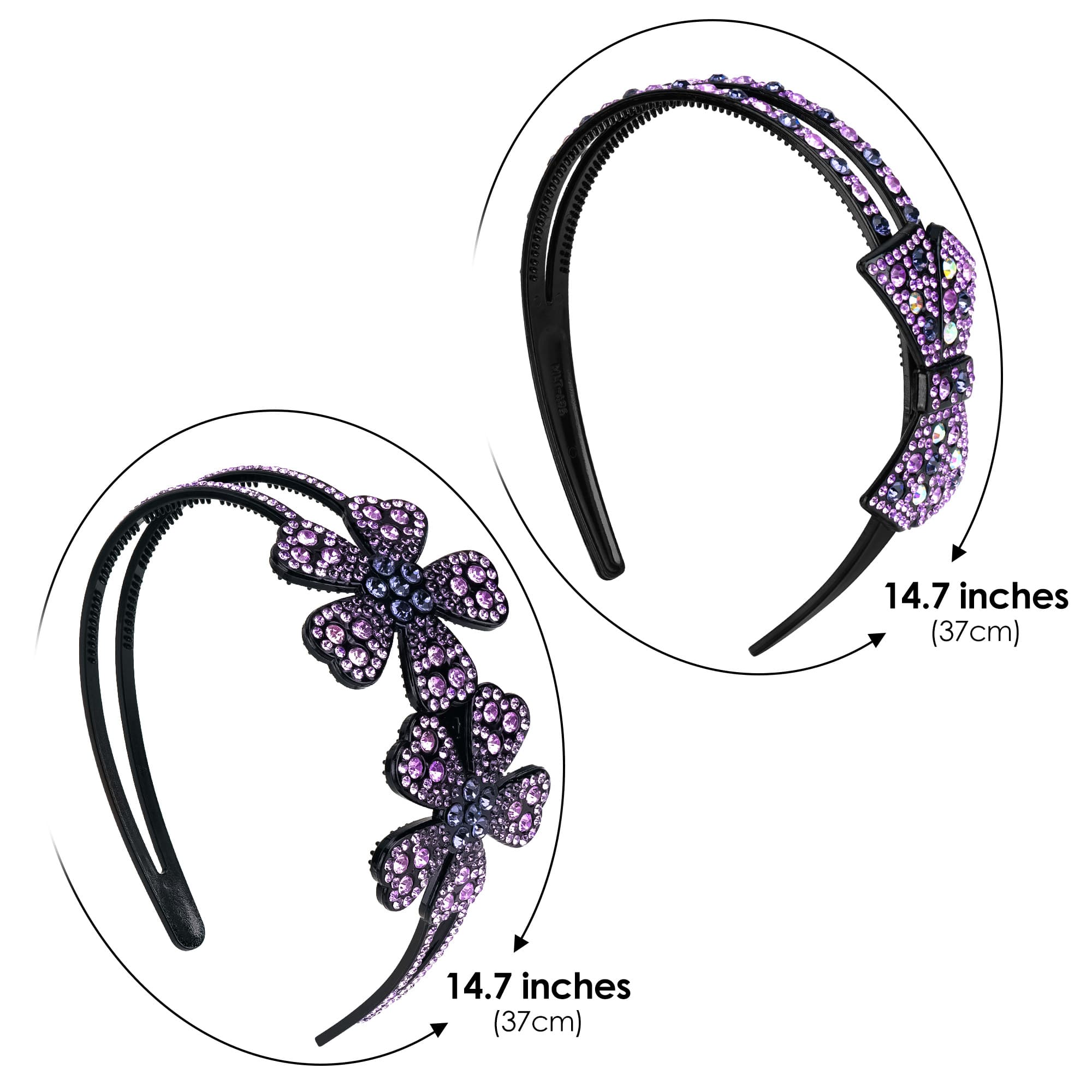 ReignSword 2 Pack Rhinestone Headbands for Women, Sparkly Crystal Bow & Flower Hair Bands, Non-Slip Plastic Hair Hoops for Daily Party (Purple) - 1