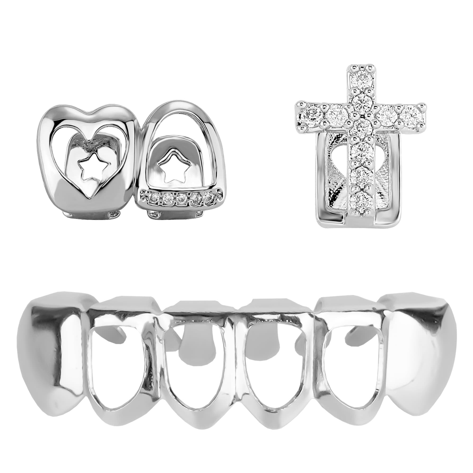 ReignSword 3 Pcs Silver Teeth Grillz Set for Women Men, Heart Cross Star & Plain Hollow CZ Grill Caps, Adjustable Custom Fit, Hip Hop Jewelry for Parties, Halloween & Daily Wear - 1