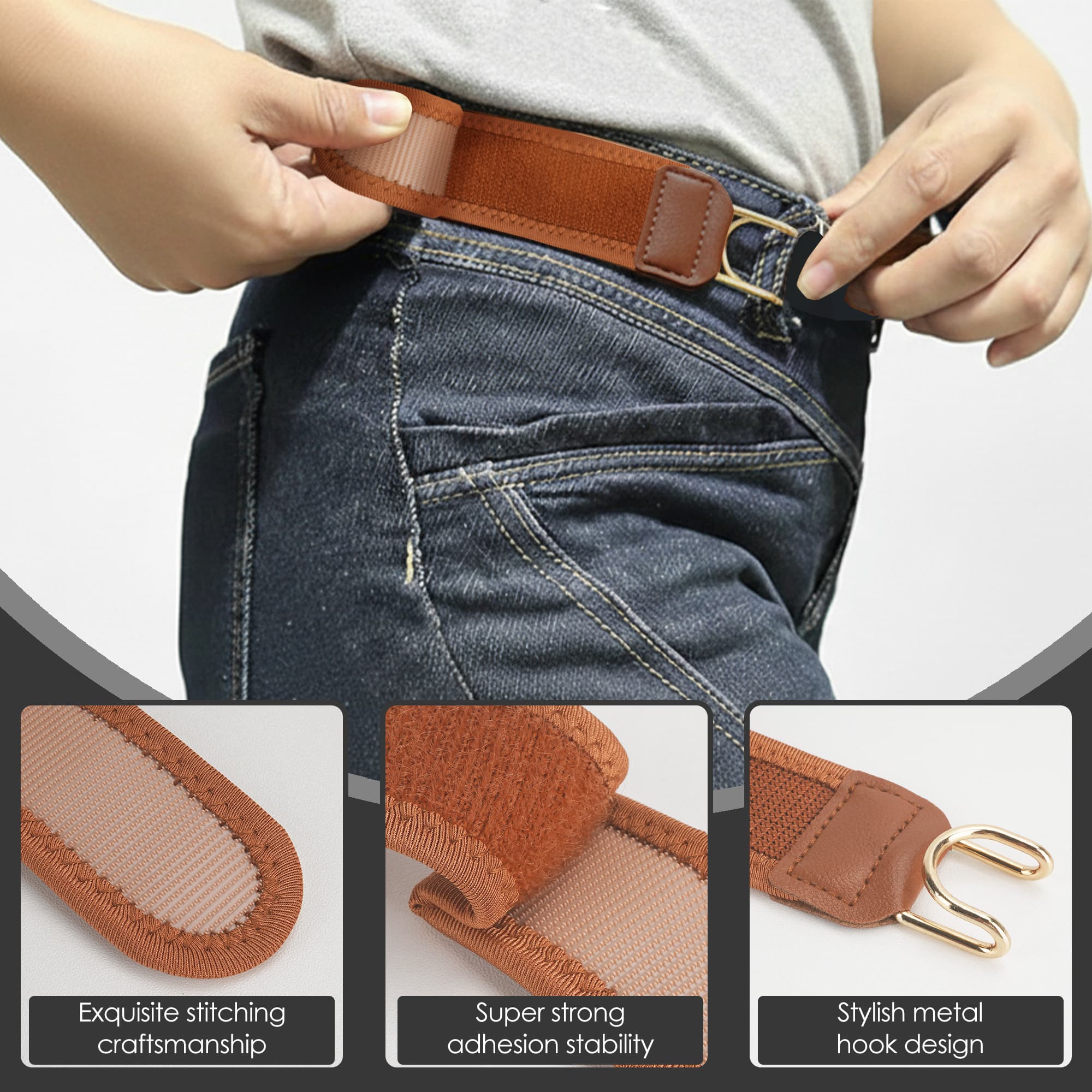 ReignSword 2 Pcs No Buckle Elastic Stretch Belt, Adjustable No Buckle Belts for Men and Women, Invisible Buckleless Belts without Buttons for Jeans (Brown) - 1