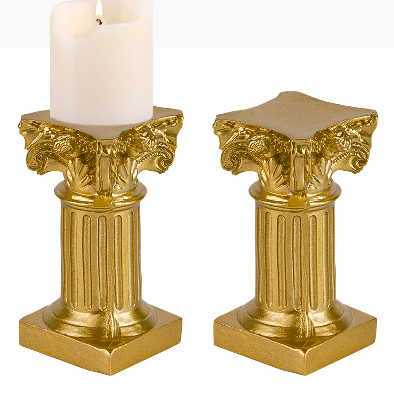 CAIRIAC Roman Pillar Statues Gold candle holders, Small Candle Holders Set of 2, Mini Greek Column Pillar Resin Stands Decorative Gifts, Centerpieces for Tables (Golden) - 1