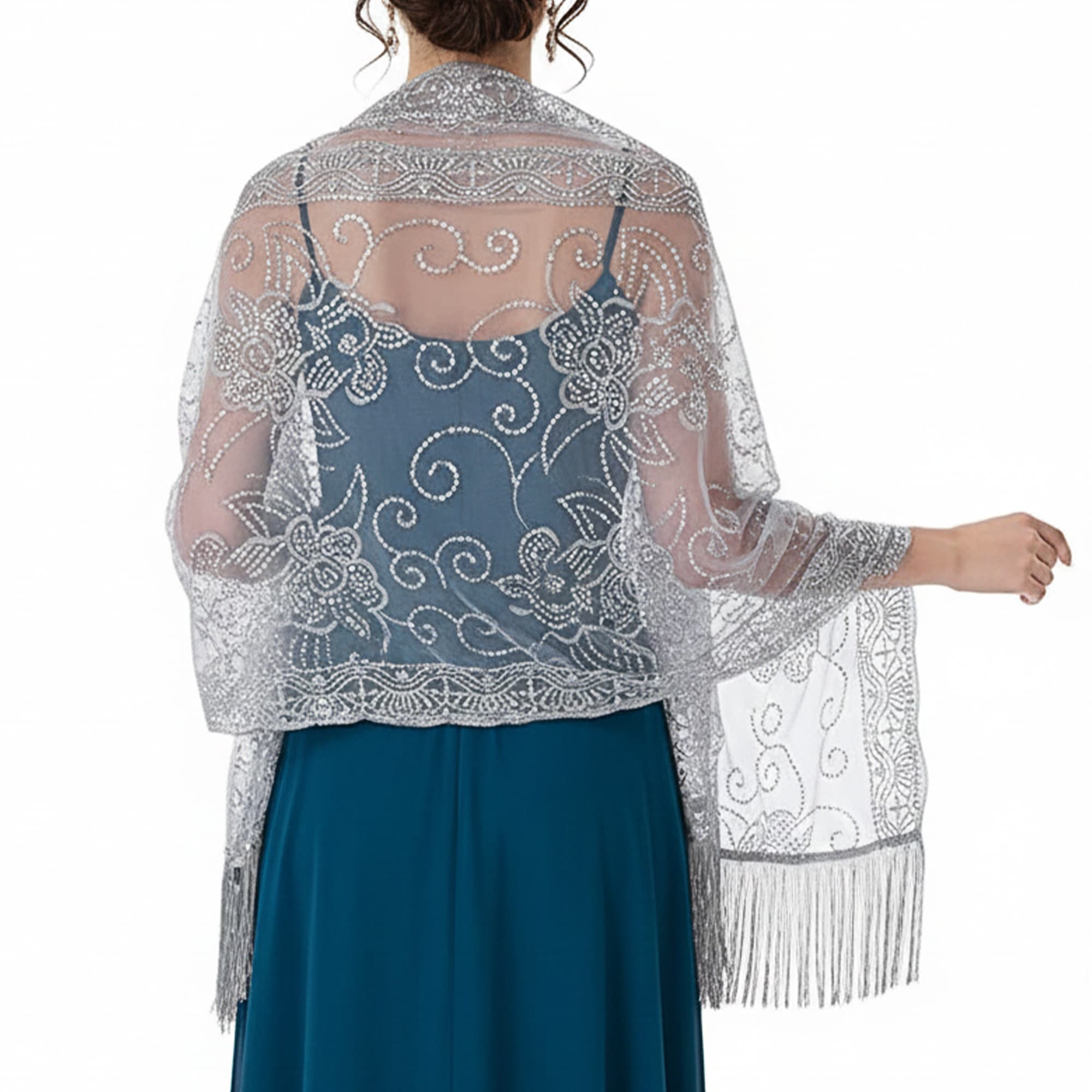 ReignSword Women Sheer Shawls with Floral Sequin Design for Evening Dresses, Elegant Wedding Bridal Lace Scarf, Formal Party Dress Cover with Tassels (Silver) - 1