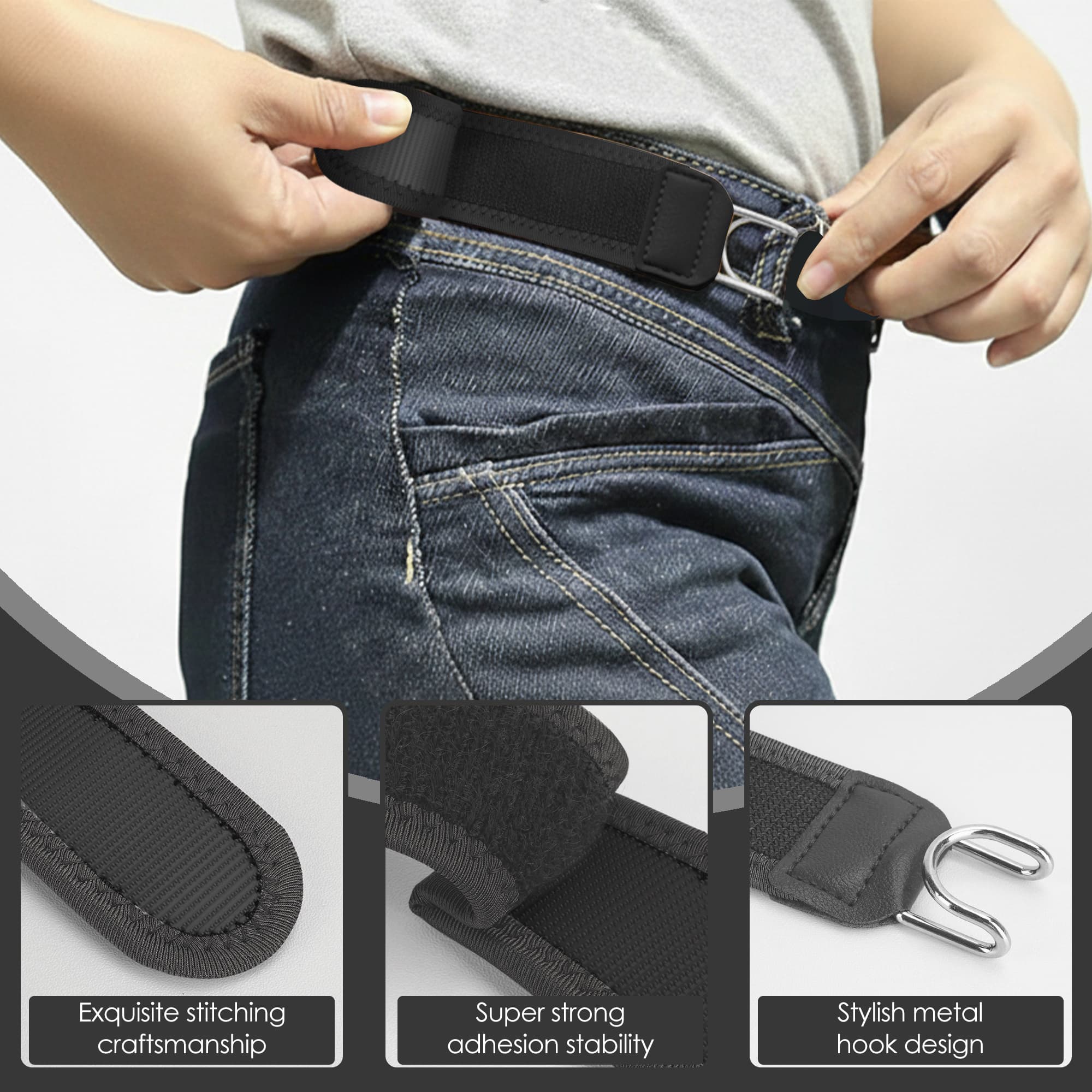 ReignSword 2 Pcs No Buckle Elastic Stretch Belt, Adjustable No Buckle Belts for Men and Women, Invisible Buckleless Belts without Buttons for Jeans (Black) - 1