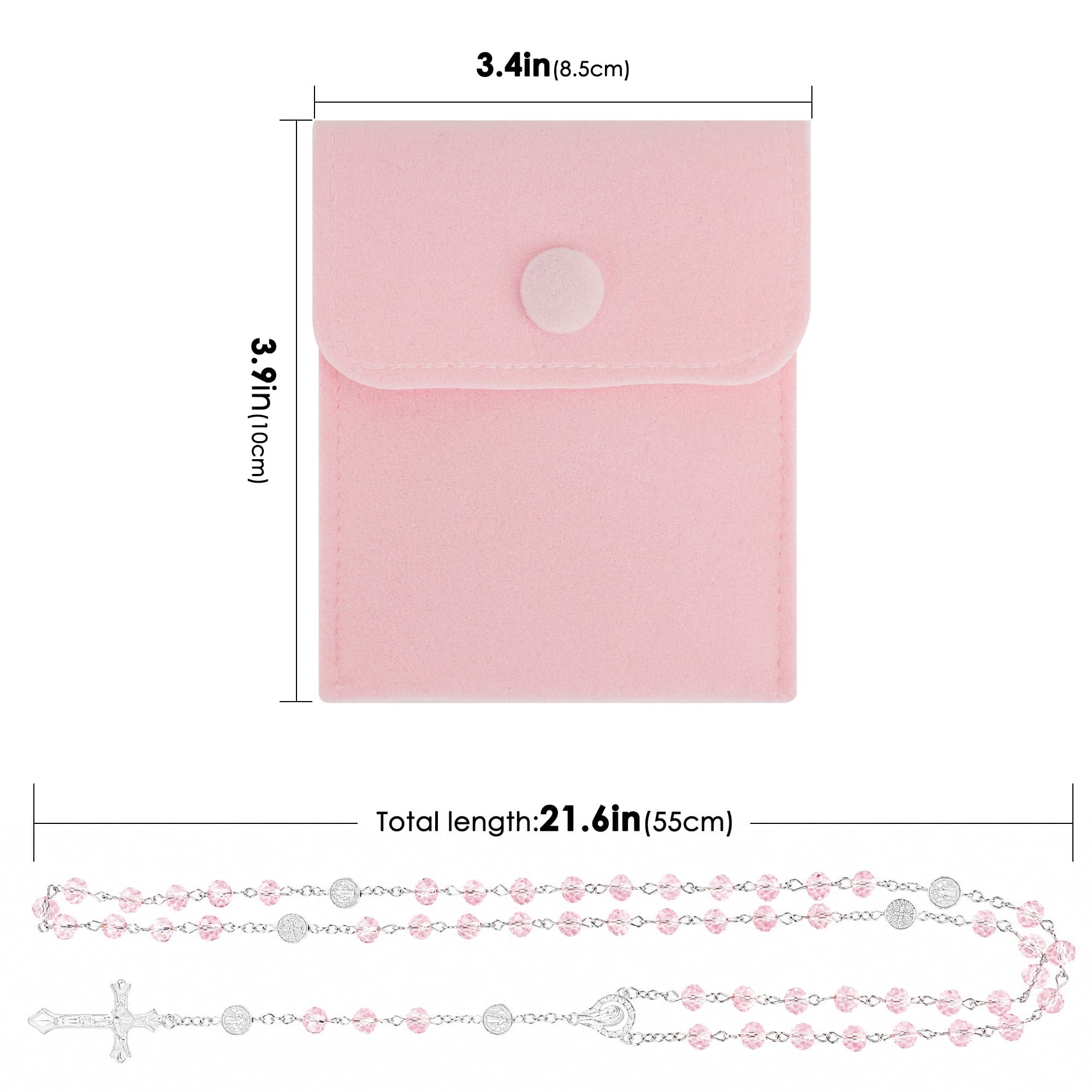 ReignSword Pink Crystal Rosary Necklace with Pink Velvet Pouch, Catholic Cross Beaded Necklace, Religious Jewelry Faith Gift for Women - 1