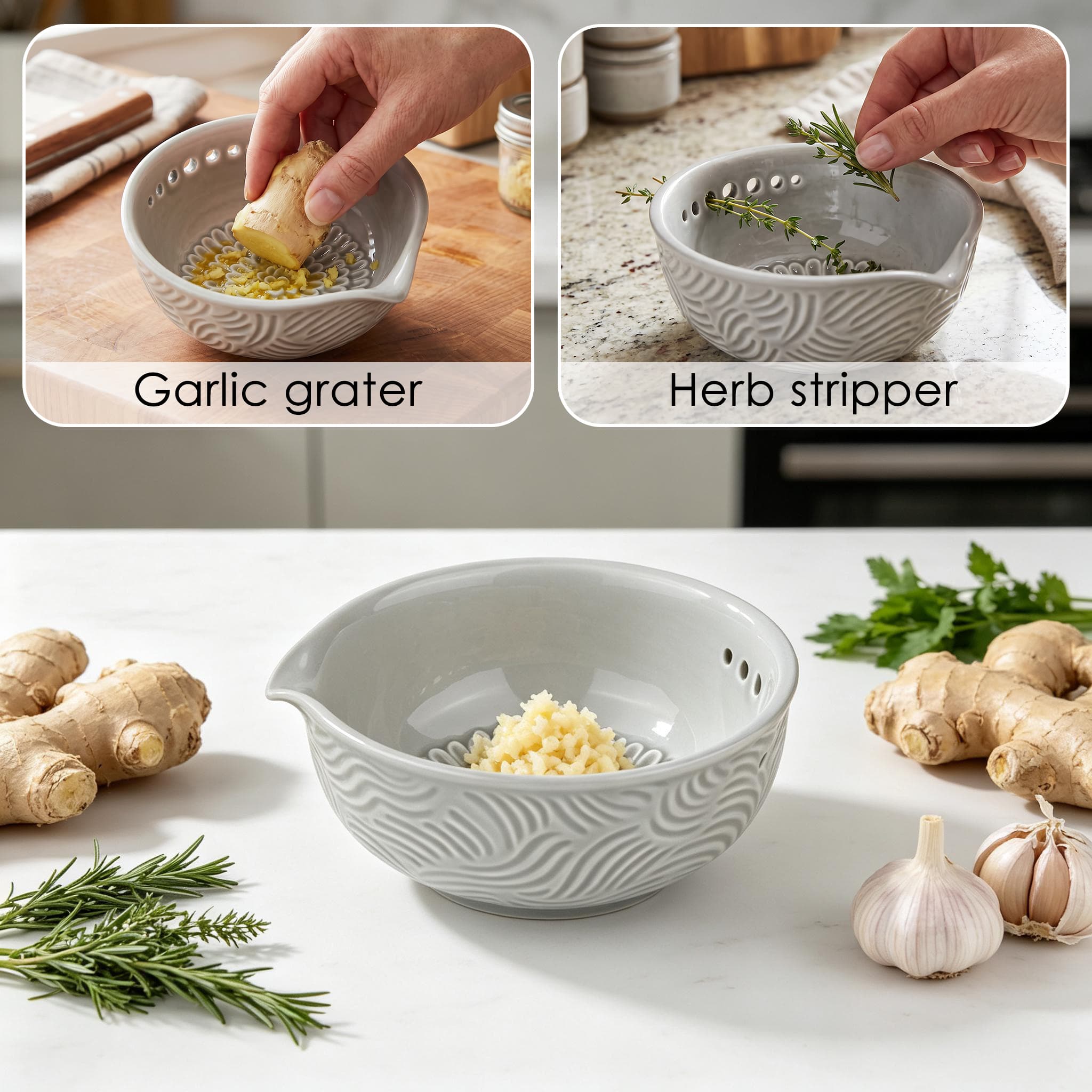 ReignSword Ceramic Garlic Grater Bowl, Gray Embossed Ginger Grater Plate with Stripping Holes, Multi-Use Grinder for Garlic Ginger, with Silicone Brush - 1