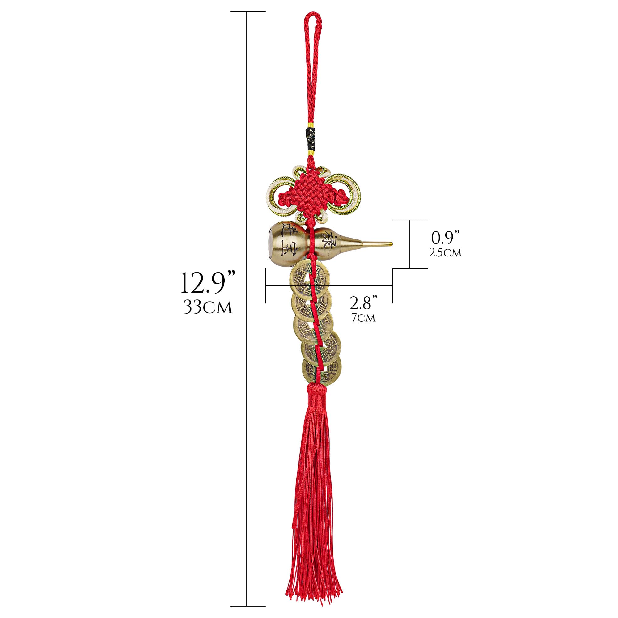 JANKOW Brass Gourd and Five Emperor Coins Ornament with Feng Shui Chinese Knot and Tassels - Good Luck Hanging Ornament Gift - 1