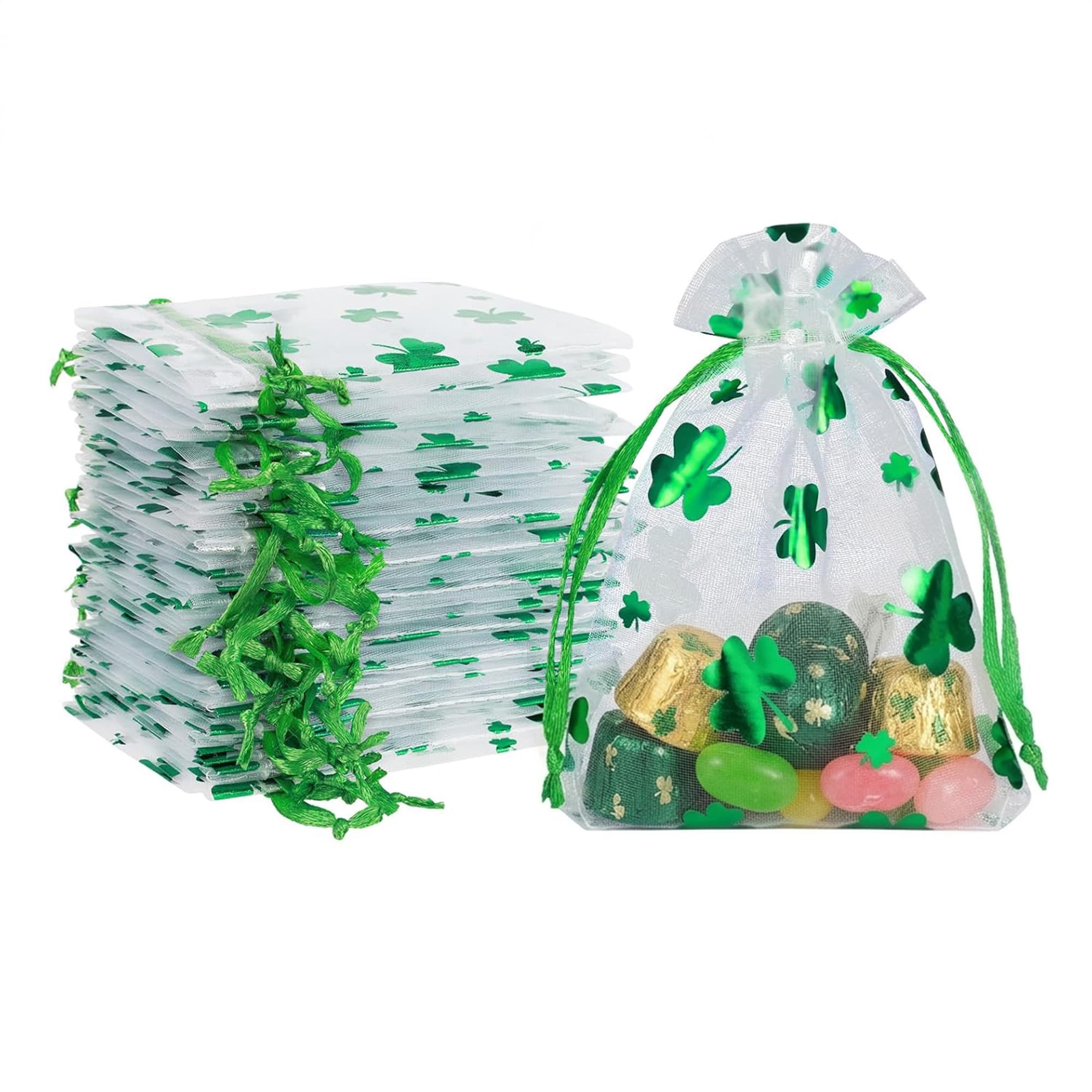 ReignSword 50 Pcs St. Patrick's Day Organza Gift Bags, Shamrock Clover Green Drawstring Mesh Treat Pouches, Goodie Bag for Party Favors, Candy, Jewelry (3 x 4 Inch) - 1