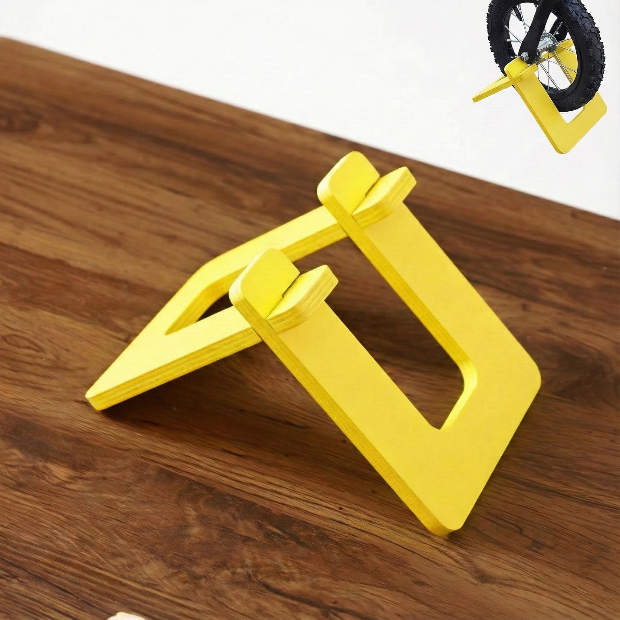 RidingRush Wooden Balance Bike Stand for Kids – Floor Display Rack for Toddler Balance Bikes – Portable Bicycle Holder Stand for Home and Garage Storage (Yellow) - 1