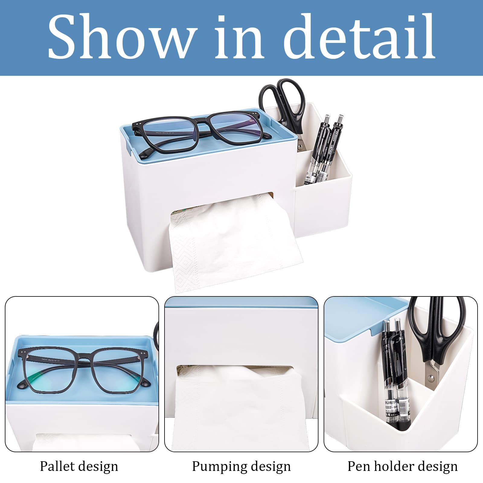 JANKOW Multi-Functional Tissue Box Holder, Organizer Paper Towel Holder, Multi-Functional Tissue Remote Control Holder for Living Room Vanity Night Stand Table Countertop Office (Blue) - 1